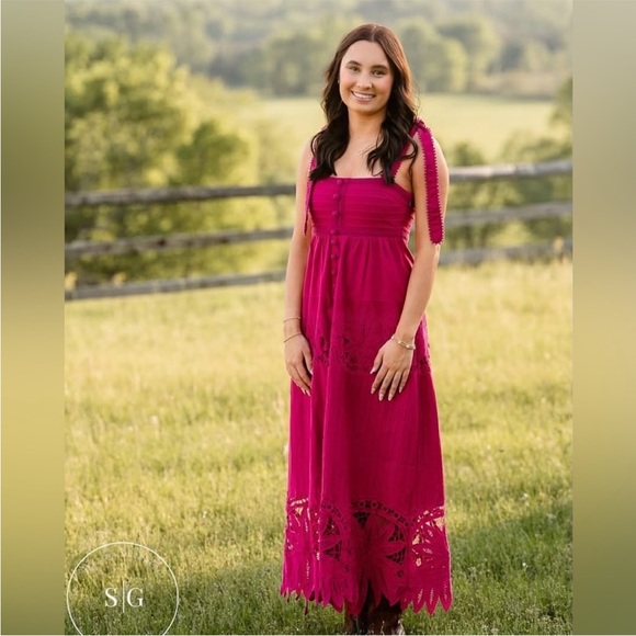 Farm Rio Daisy Cutwork Embroidered Sleeveless Tie Strap Pink Midi Dress size XS - Picture 3 of 13
